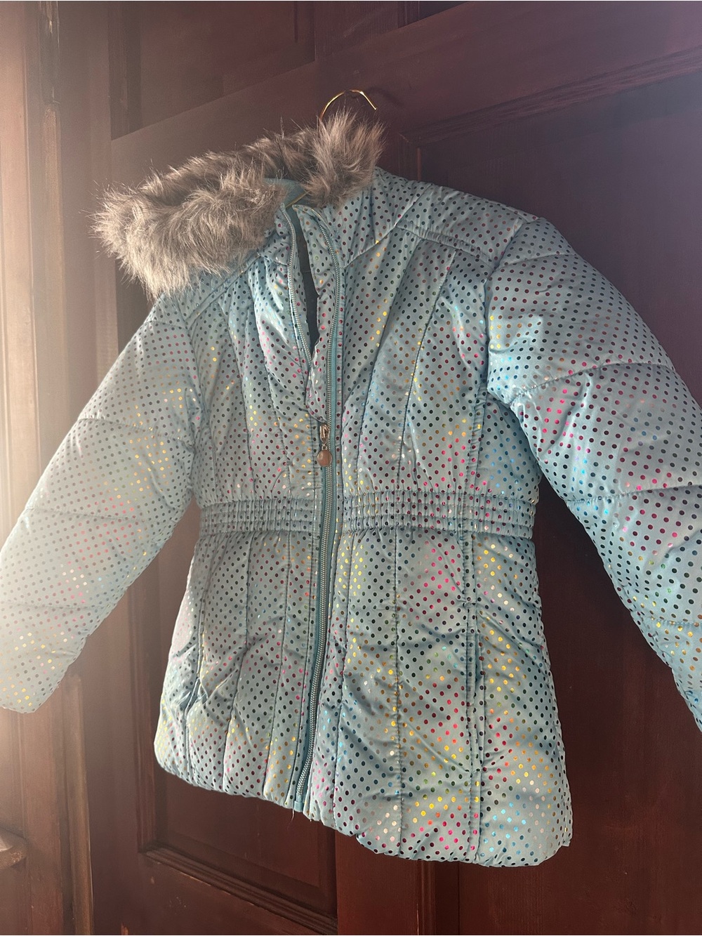 Girls' Light Blue Polka Dot Puffer Jacket with Faux Fur Hood